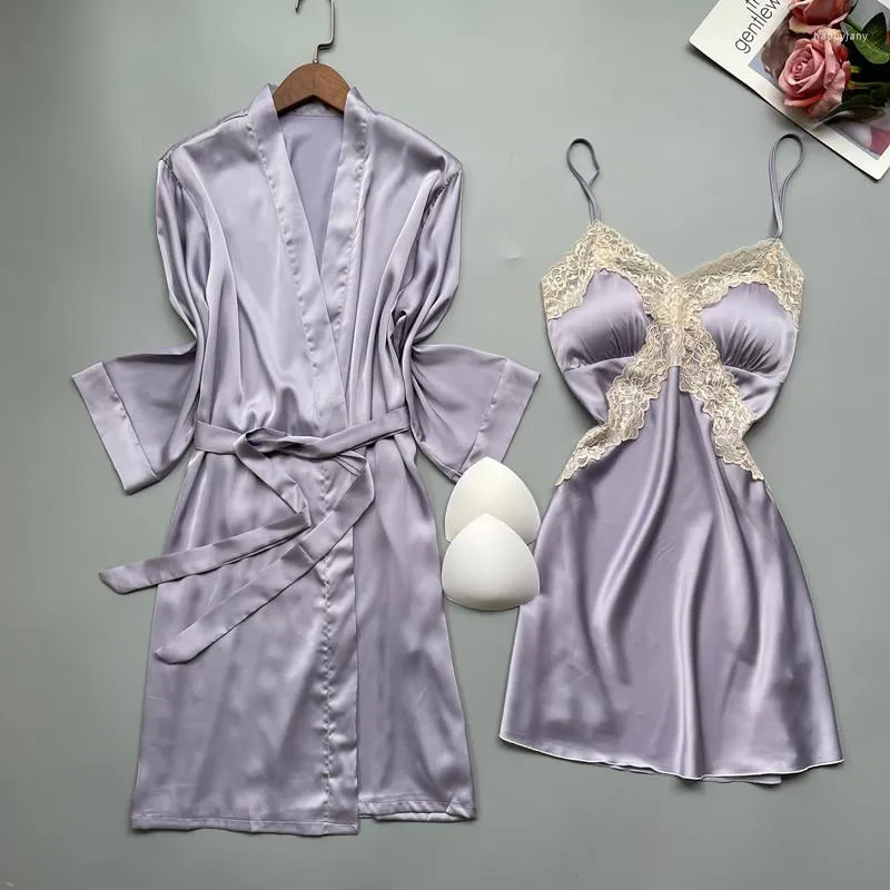 Vêtements de nuit pour femmes Sexy 2pcs Robe de mariée Robe de mariée Costume Lady Satin Kimono Robe de bain Robe de nuit Rayonne Lingerie intime Homewear