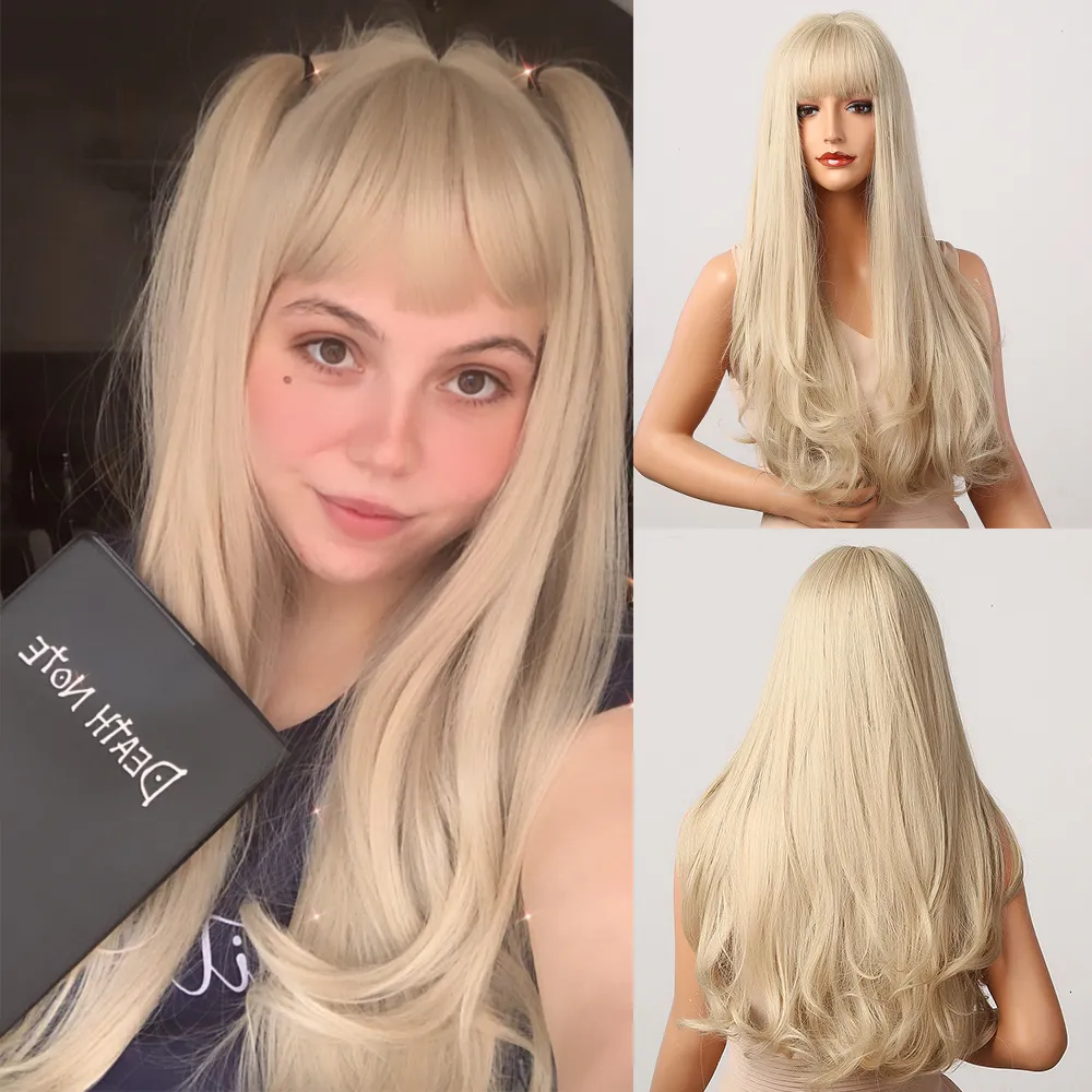 Cosplay Wigs HENRY MARGU Long Natural Wavy Platinum Blonde Wigs with Bangs Cosplay Party Lolita Synthetic Wigs for Women Heat Resistant Fiber 230922