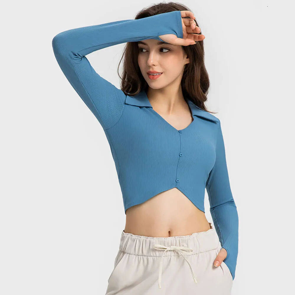 Costela vertical aberta umbilical yoga vazante para rua tops LU-25 moda sexy esportes manga longa com sutiã acolchoado camisa elástica alta terno de ginástica