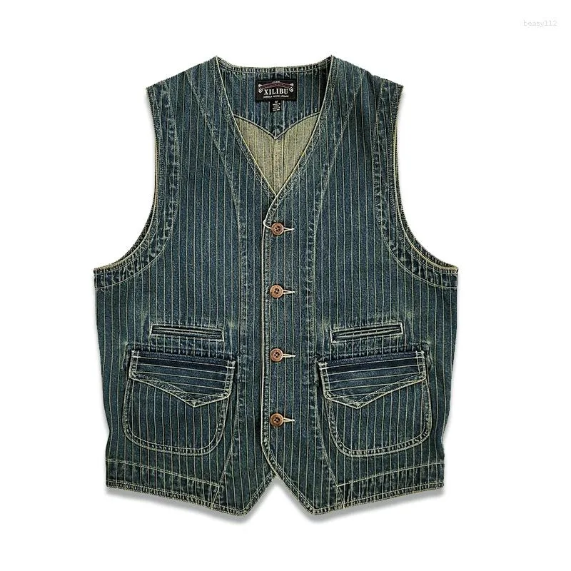 Herenvesten Denim vest Gestreepte zakken Slim Fit Western Safari-vest Vintage gilets voor mannen