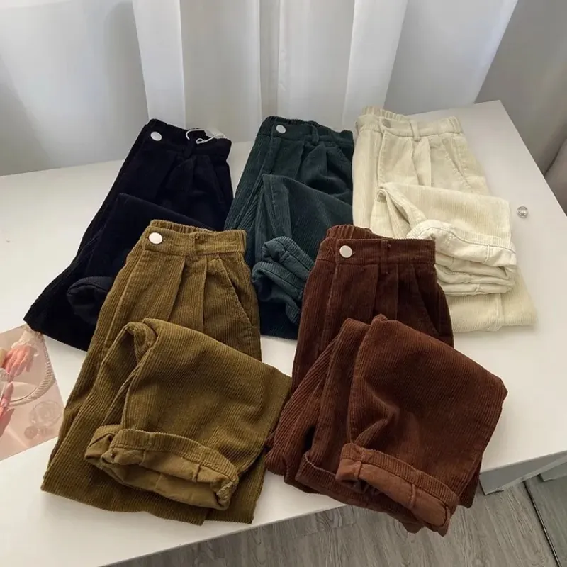 Kvinnors byxor capris retro hög midja corduroy byxor kvinnor vår faller rak kausal full längd byxor koreanska mode baggy alla matchar svart byxa 230922