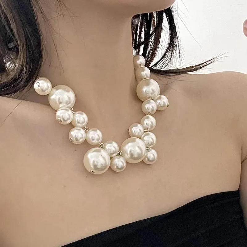 Chains Hyperbole Vintage Simulation Big Pearl Beads Chain Choker Necklace For Women Female Wedding Anniversary Fashion Jewelry Party