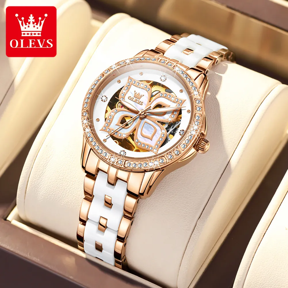 Armbandsur oelvs automatiskt skelettklocka för kvinnor lyxiga rosguld mekaniska damer klockor keramiska rem diamant armbandsur reloj mujer 230922