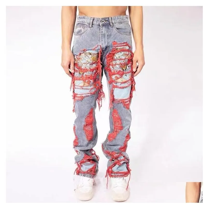 Jeans pour hommes Hommes High Street Hip Hop Destroy Brodé Brodé Baggy Casual Pantalon en denim à jambe droite Homme Femme 230309 Drop Deliver Dhhs4