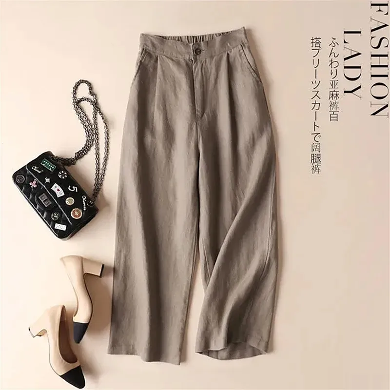 Women's Pants Capris Spring Autumn Korean Simple Ankle Length Pants Black White Fashion Ladies Retro Wide Leg Cotton Linen Pants Women Trousers 230923