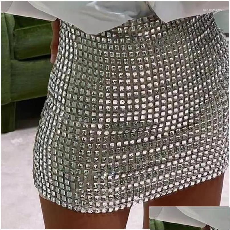 Faldas Rhinestone Mini para mujeres Ropa Sexy Split Ver a través de Hollow Out Shiny Crystal Diamonds Solid Drop Delivery Ropa para mujer DHFDC