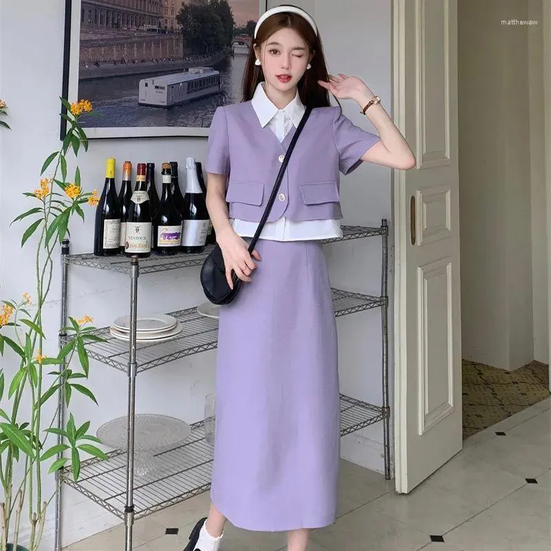 Work Dresses Women Sweet Purple Patchwork Shirt Skirts Two Pieces Set Summer Korean Lady Graceful Polo Collar Tops Skirt Outfits 2023 Suits