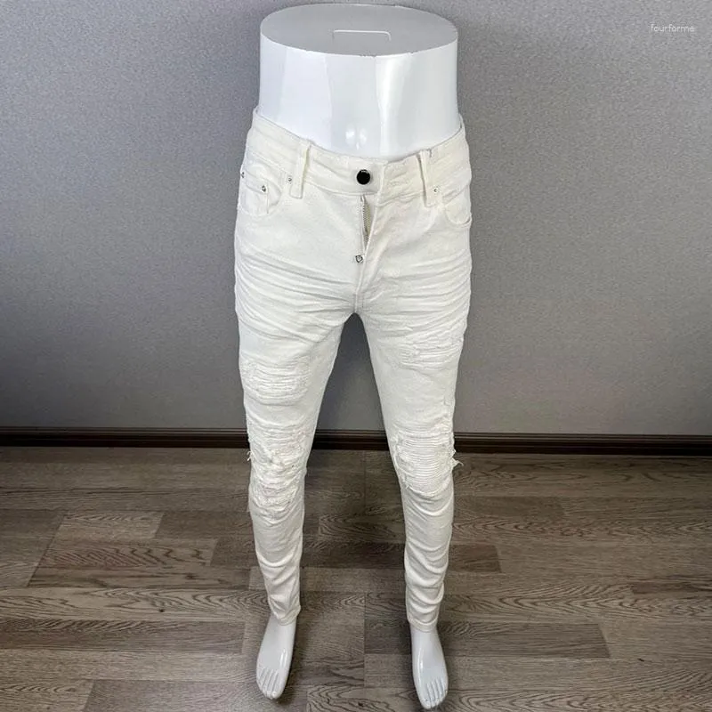 Herenjeans Street Fashion Heren Hoge kwaliteit Witte elastische stretch Skinny Ripped Patched Designer Hip Hop Merkbroek Hombre