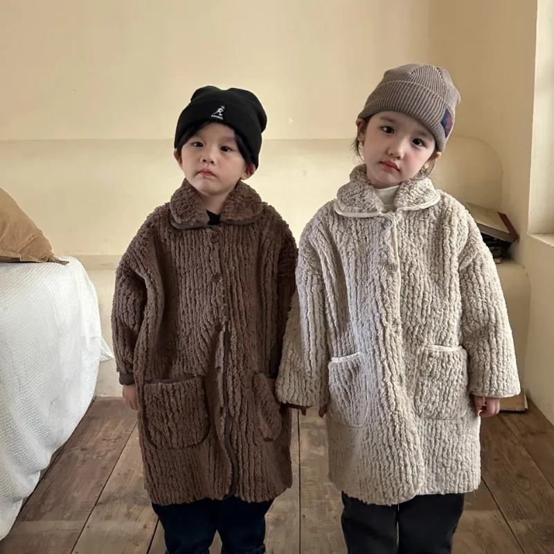 Giacche Cappotto in finta pelliccia di coniglio per bambini Inverno Ragazze tinta unita caldo giacche lunghe stile Ragazzi addensare caldo soprabito 230922