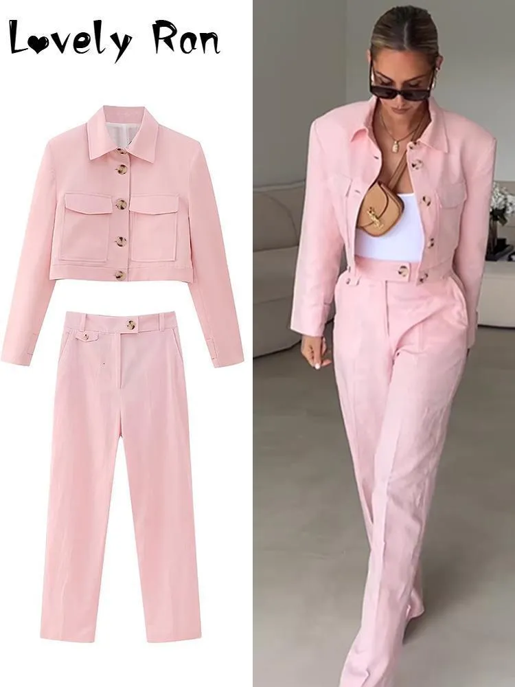 Dwuczęściowe spodnie damskie Pink Cropped Blazer Kurtka długie spodnie dla kobiet letni garnitur kieszonkowy proste spodnie Baddie Zestawy zestawów żeńskich eleganckich strojów 230922