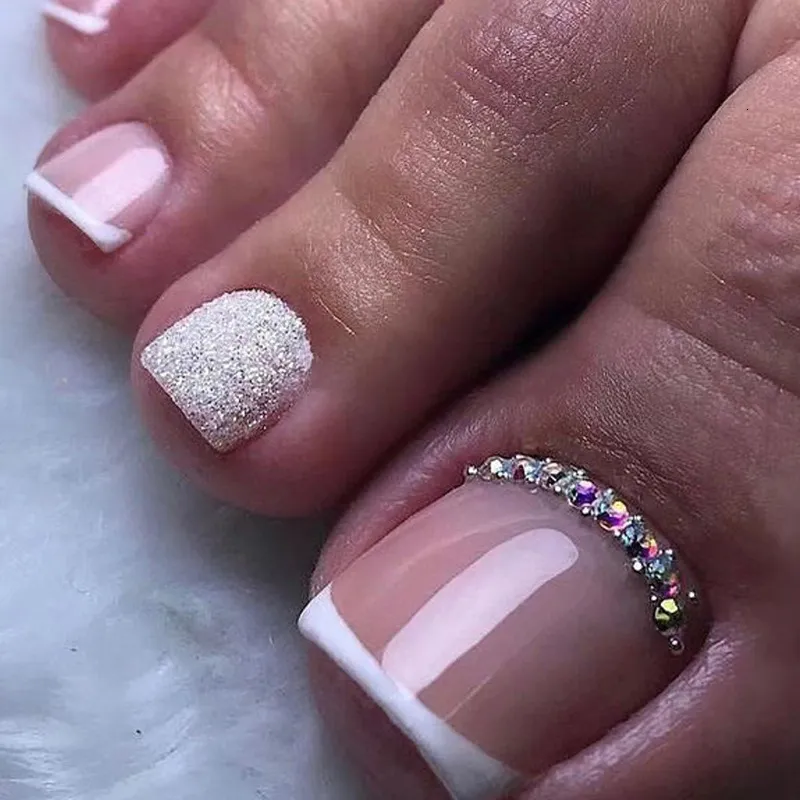 Kunstnagels Glitter Crystal Franse Druk Op Teennagels Diamond Decor Teen Vierkante Kop Kunstmatige Patch Voor Voeten 230922