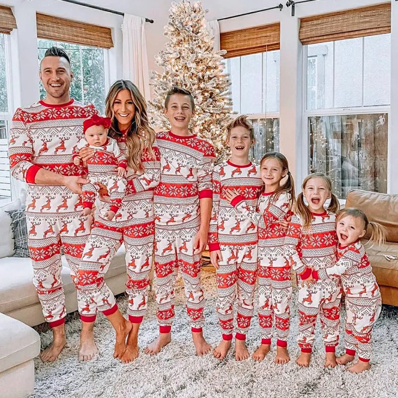 Christmas Elk Print Family Pajamas Set Soft Matching Winter