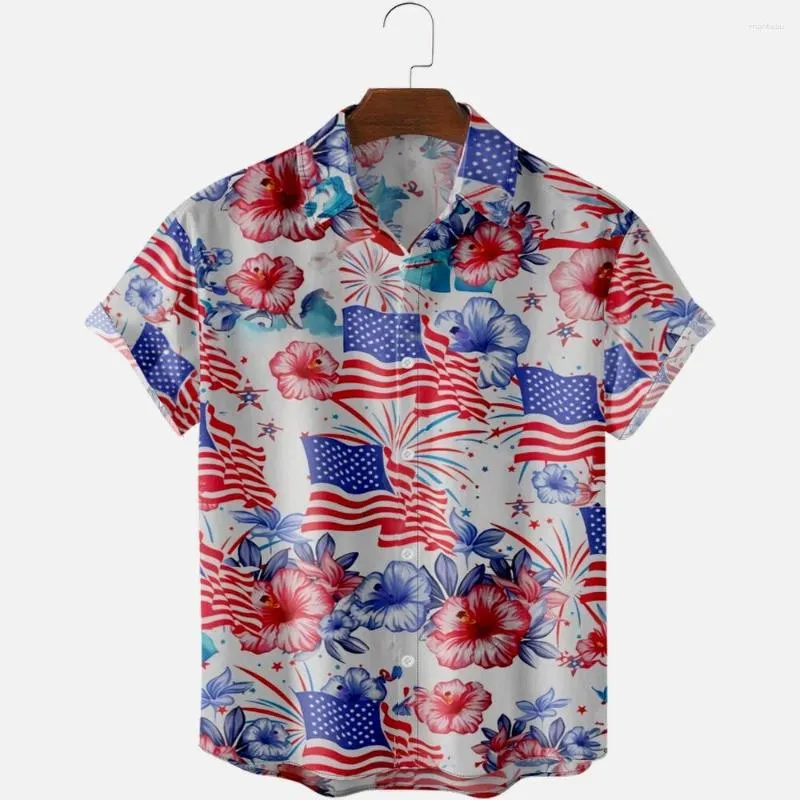 Men's Casual Shirts Hawaiian For Men Flag Of The United States And Ipomoea Nil Short Sleeve Summer Beach Vacation Tops Breathable