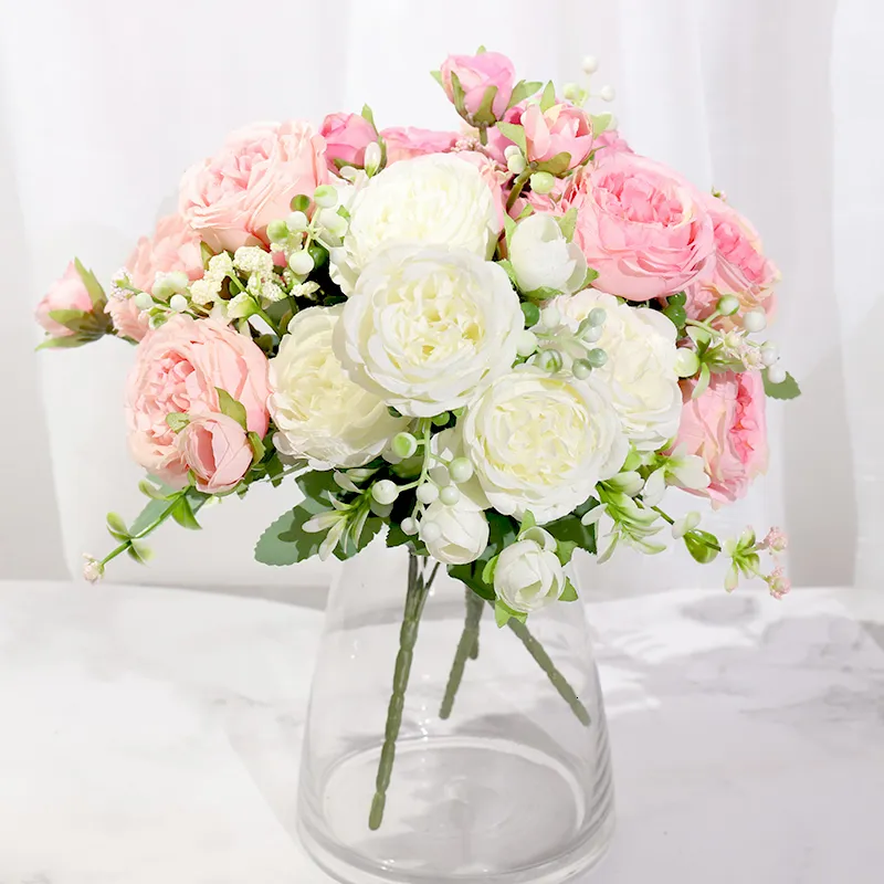 Dried Flowers Pink Silk Peony Artificial Rose Wedding Home DIY Decor High Quality Big Bouquet Foam Accessories Craft White Fake Flower 230923