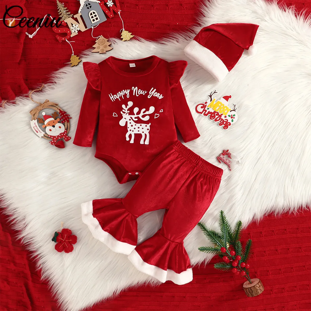 Kläder sätter Ceeniu Happy Year Costume for Baby Girl Christmas Outfits Red Velvet Romper and Pantsxmas Hat My First Clothes 230923