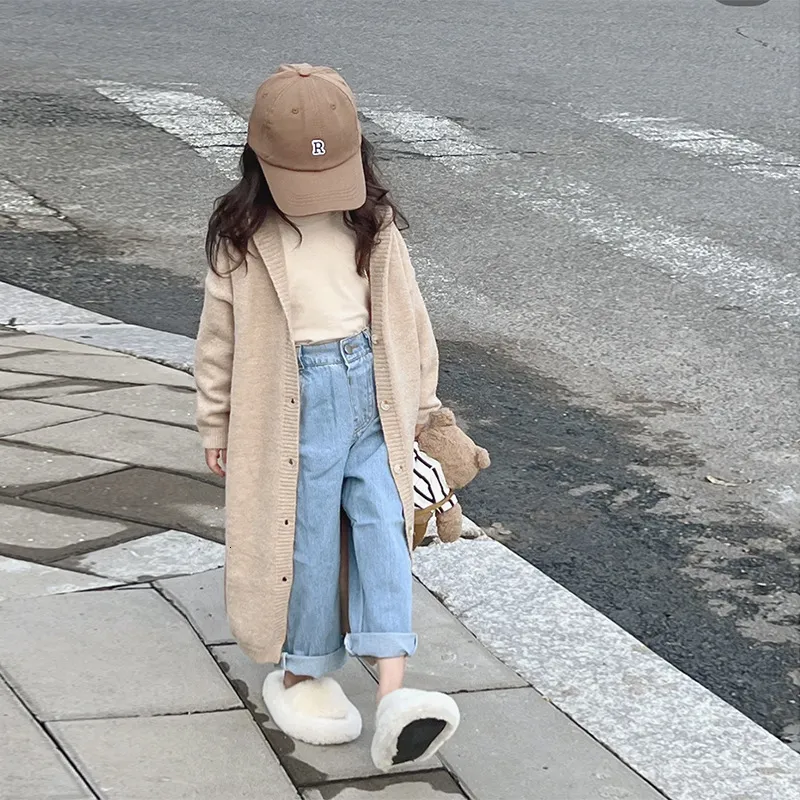 Cardigan Children Clothing Spring Autumn Girl Knitting Cardigan Fashionable Korean Style Loose Slimming Medium Long Sweater Coat 230923