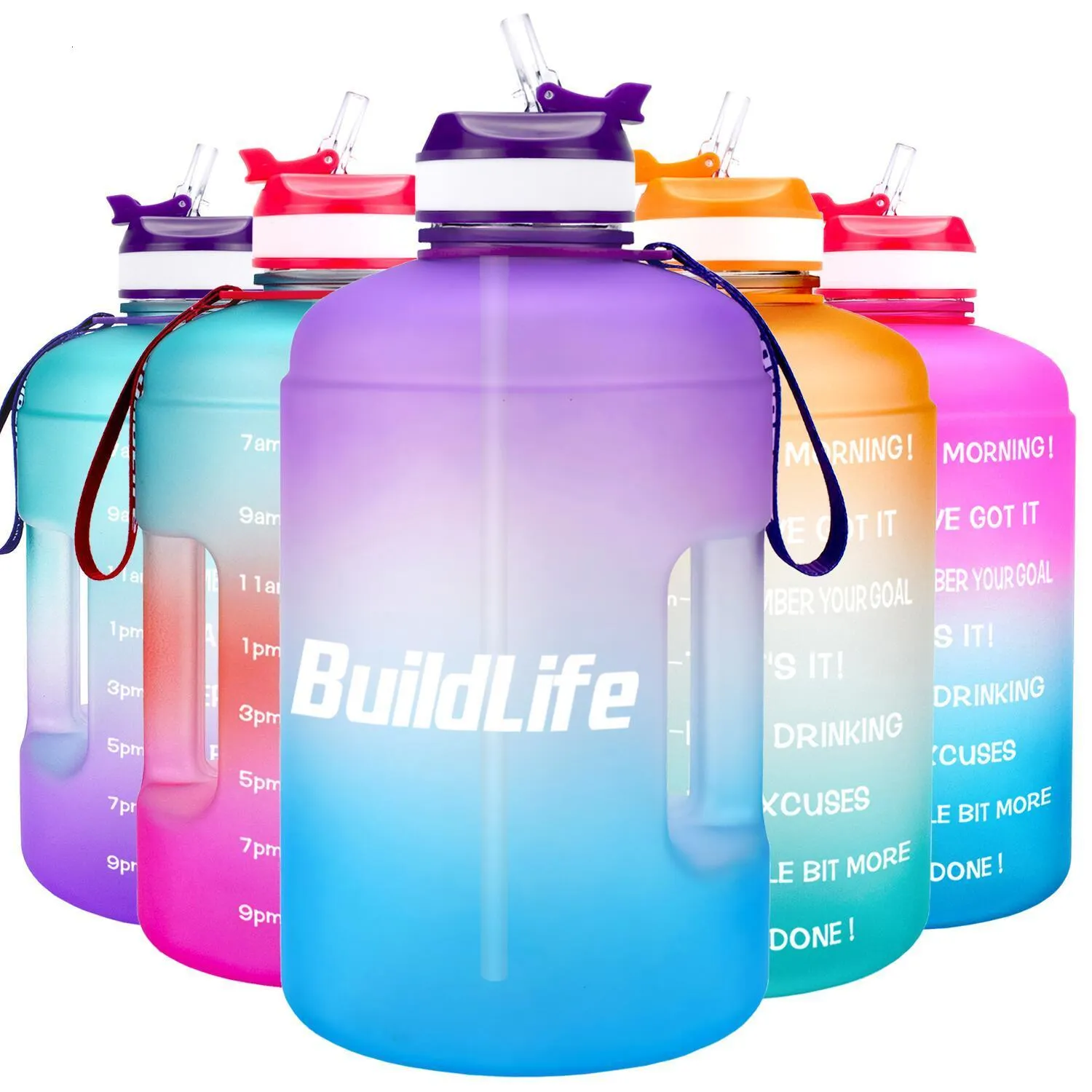 Bouteilles d'eau BuildLife Bouteille d'eau de 1 gallon avec marqueur de temps de paille 3,78 L 2,2 L 1,3 L Plastique sans BPA Grande capacité Fitness Sport OutdoorJugs 230923