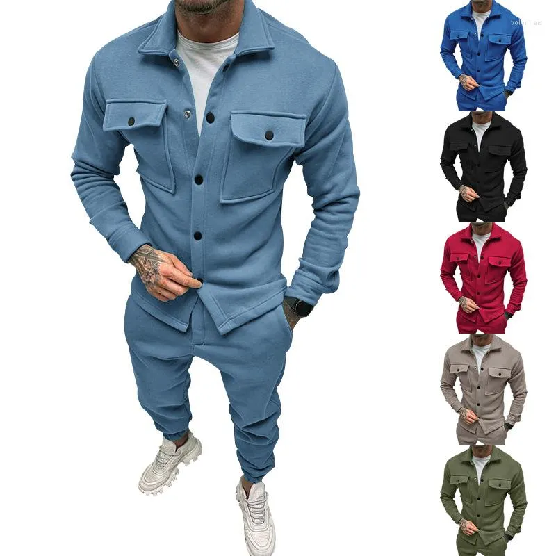 Fatos masculinos oversized moda tendência conjunto outono e inverno roupas longas calças botão para baixo camurça jaqueta casual 2 peças
