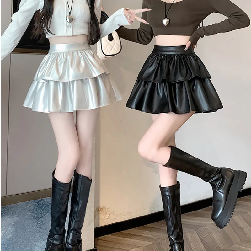 Rokken Y2k Geplooide Pu Lederen Mini Rok Vrouwen Koreaanse Mode Hoge Taille Baljurk Vrouwelijke Kawaii Alle Match Zwart Faldas harajuku 230923