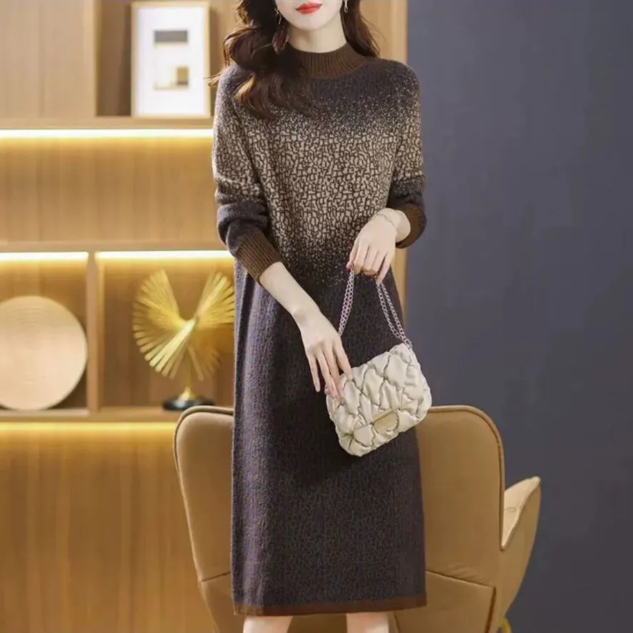 Autumn Winter Gradient Color Sweaters Dress 2023 Office Lady Soft Warm Knitted jumper Dresses Long Sleeve Women Designer O-Neck Slim Vacation Graphic Midi Frocks