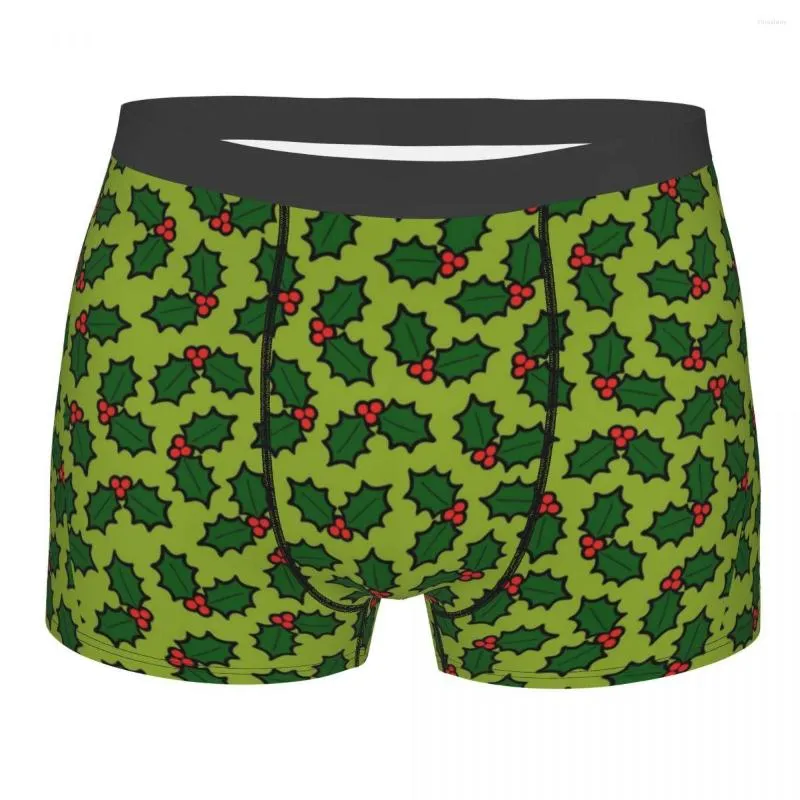 UNDUTS Moda Boksör Şort Panties Erkekler Yeşil Holly Yaprakları ve Meyveler Desen iç çamaşırı homme S-XXL için Yumuşak