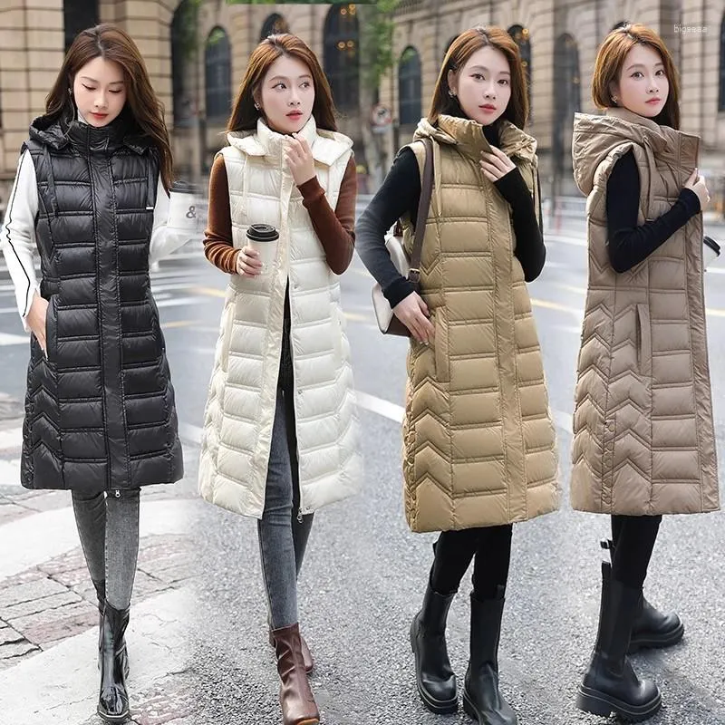 Coletes femininas mulheres coletes longos inverno quente sem mangas capuz parkas coreano para baixo algodão casaco feminino sólido puffer jaqueta