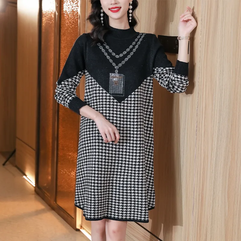 2023 Contrast Color Sweaters Dress Long Sleeve Autumn Winter Office Lady O  Neck Slim Midi Frocks Plus Size 2023 Women Designer Vacation Plaid Knitted  Jumper Dresses From Songbaimu268, $26.53