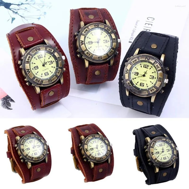 Wristwatches Vintage Faux Leather Strap Quartz Watch Bracelet For Men Casual Wide Band Wristwatch Clock Punk Round Dial Wrist