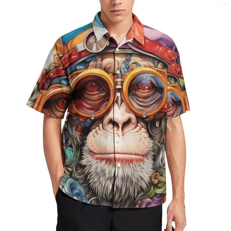 Men's Casual Shirts Monkey Blouses Male Colored Cartoon Pencil Art Summer Short Sleeve Design Streetwear Beach Shirt Birthday Present