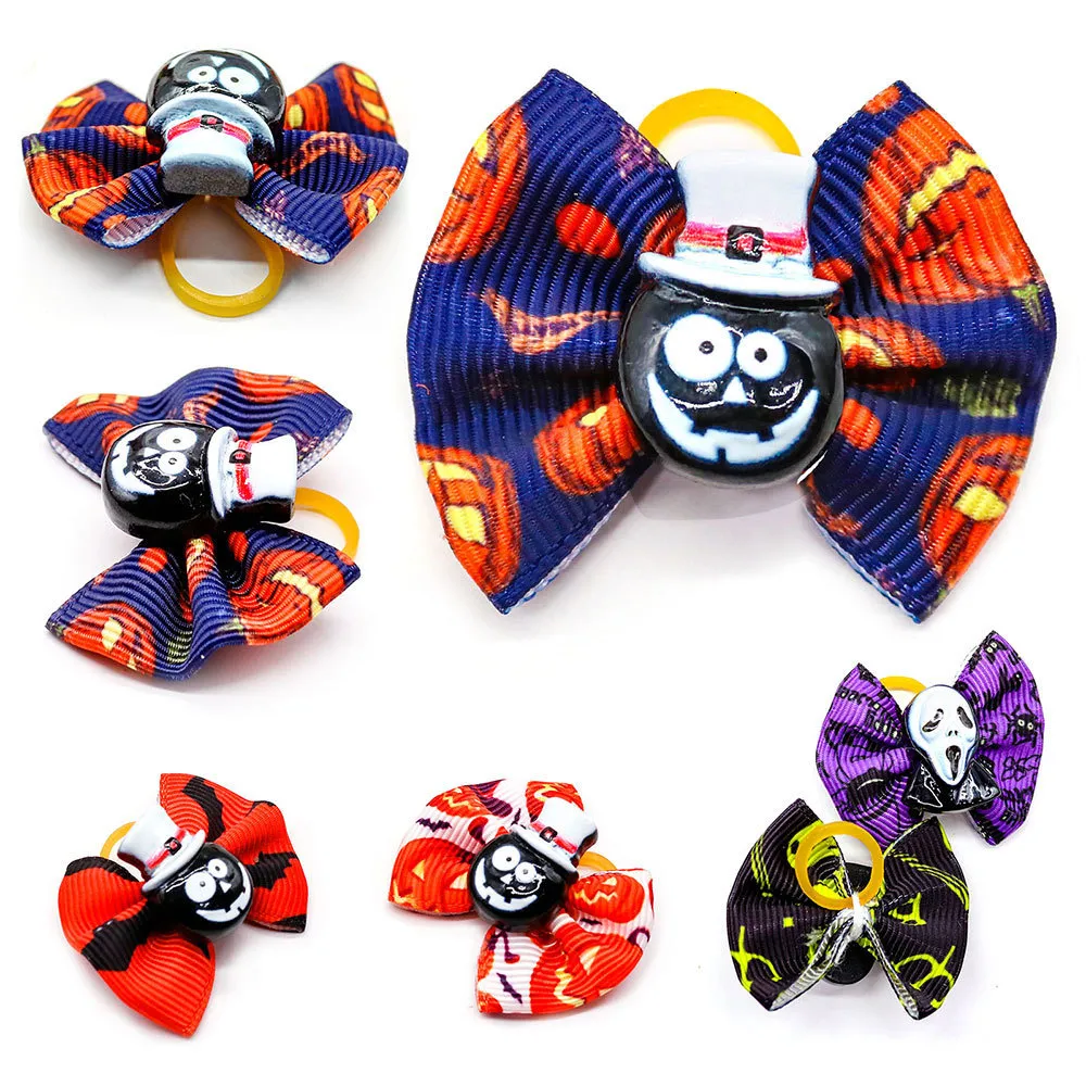 Dog Apparel 1020PCS Pet Hair Bows Bowknot With Rubber Bands Pumpkin Print Supplies For Small Halloween Accessories 230923