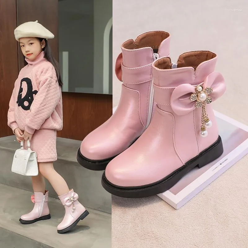 Botas crianças inverno rosa branco bowtie doce meninas lolita sapatos princesa baixo salto cristal tornozelo bota crianças