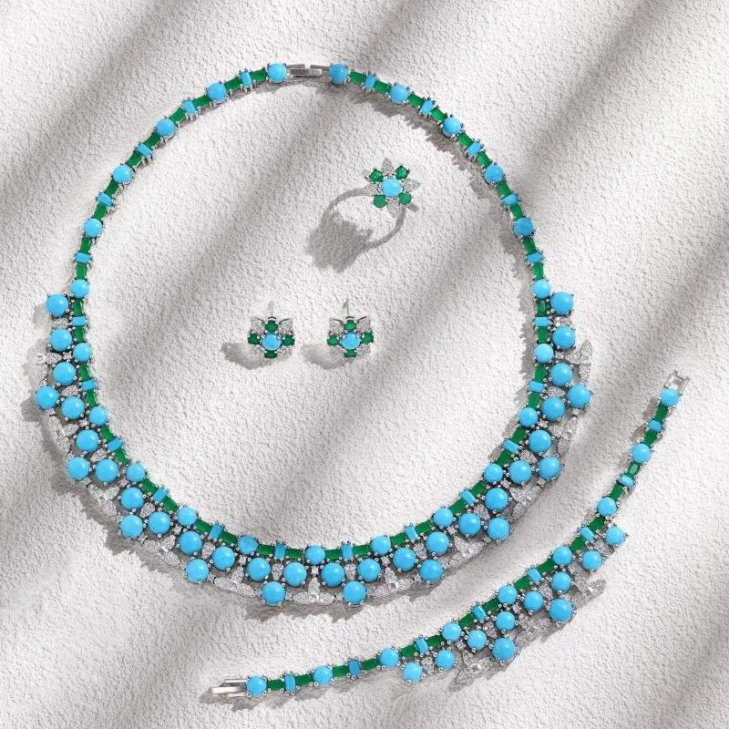 Necklace Earrings Set Trendy Turquoise UAE Dubai Bridal Jewelry Wedding Party 4pcs Earring For Women
