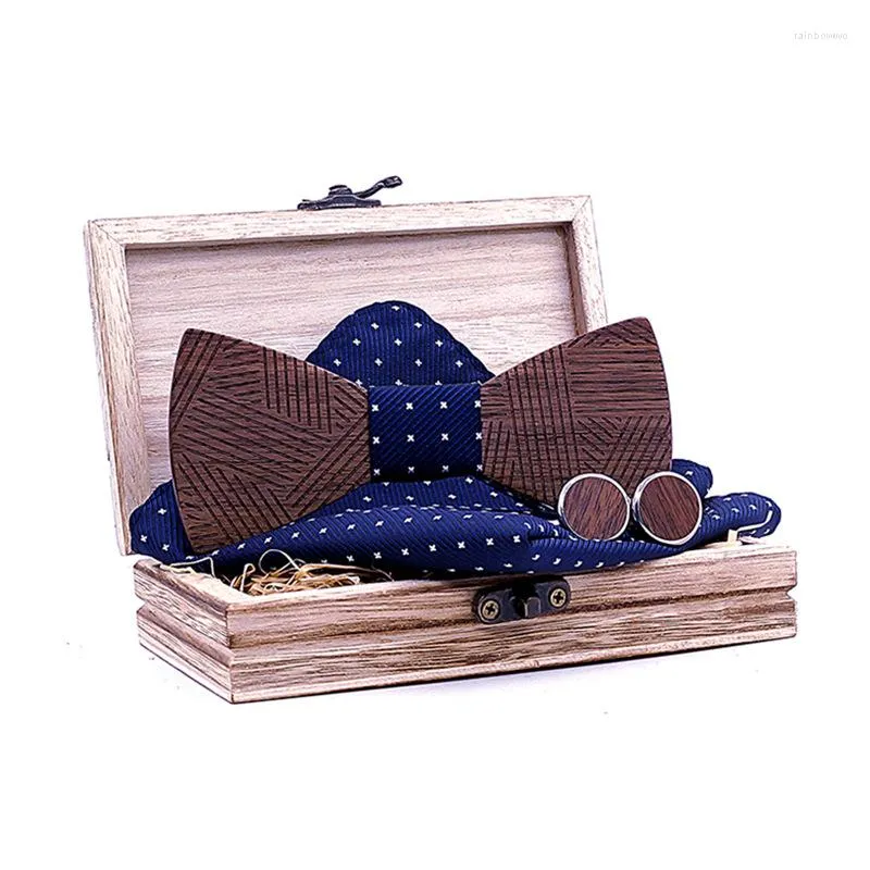 Bow Ties linbaiway retro ahşap cep kare kolkukları düğün adam için ayarlanmış set ahşap bowties mendil bearcheif hanky boyun kutusu