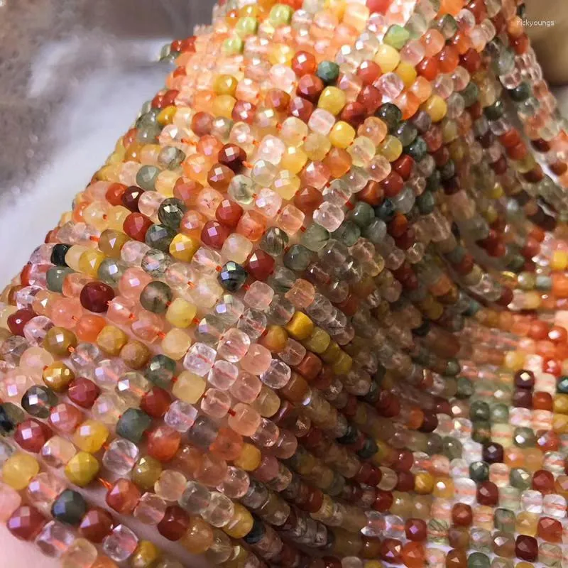 Pierres précieuses en vrac perles de quartz rutilées multicolores carrées à facettes 4.5-5mm pour la fabrication de bijoux à bricoler soi-même FPPJ vente en gros de pierres précieuses naturelles