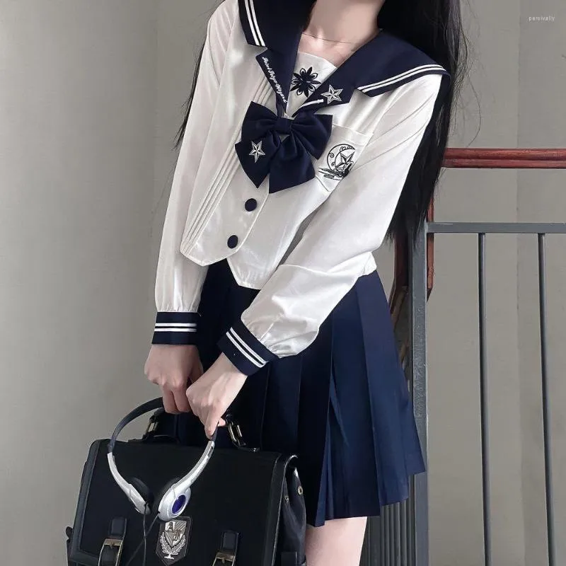 Werkjurken Japanse Schoolmeisje JK Uniform Rokken Pak Vrouwen Meisjes Lange Mouw Strik Sailor Blouses Plooirok Marinekostuums