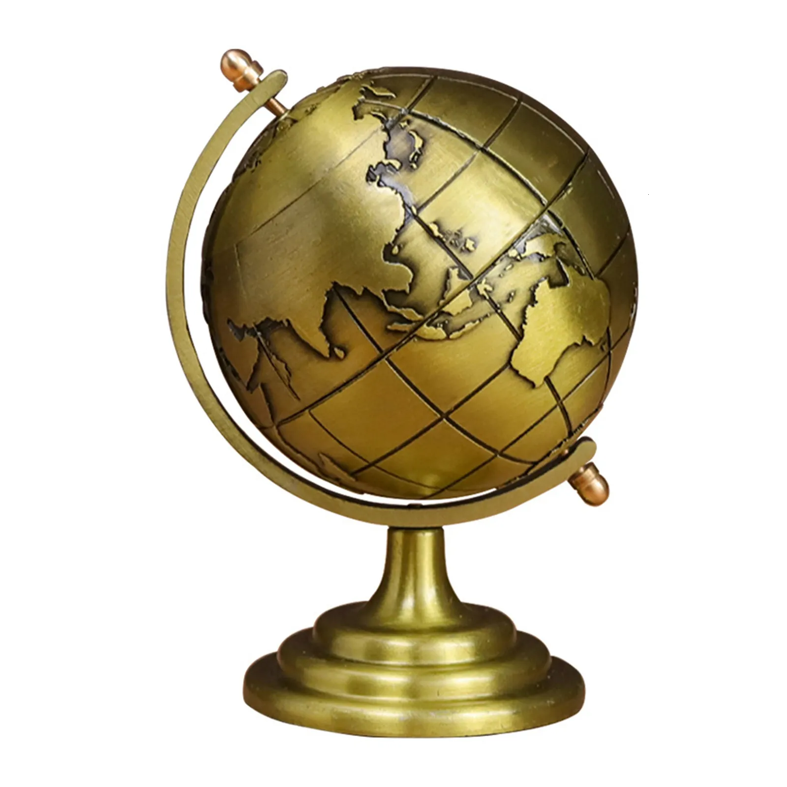 Decorative Objects Figurines Vintage Rotating Gold and Blue World Globe with Metal Stand for Your Desk Office 230923