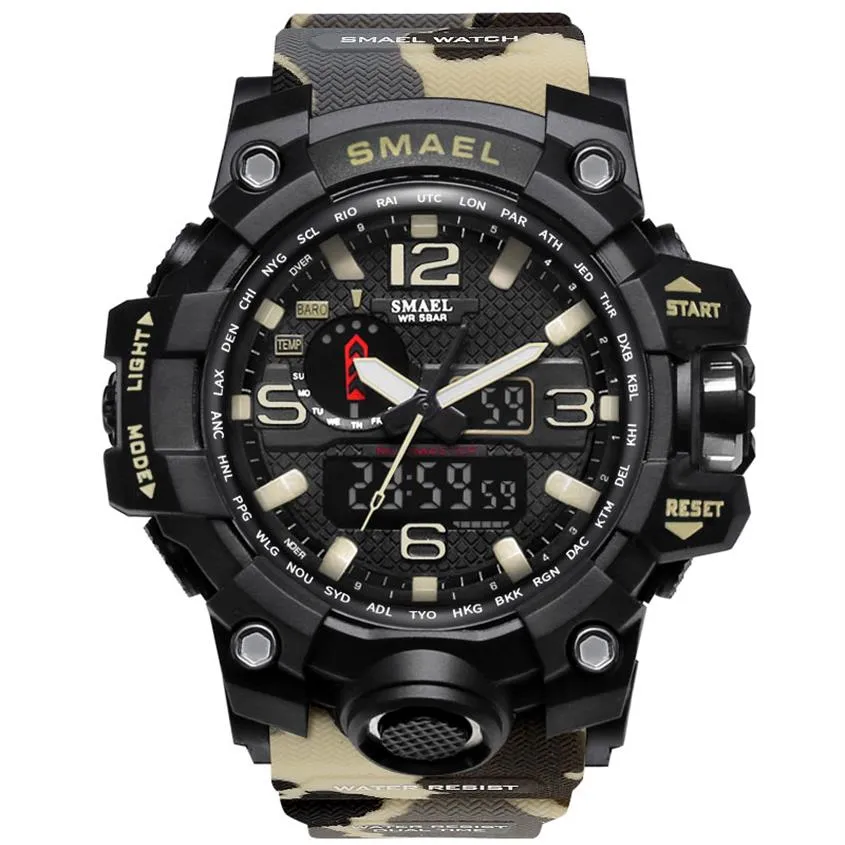 Smael Brand Men Watch Dual Time Camuflage Wojskowy Digital Diodwatch 50m Waterproof 1545 Bmen Sport Watch281h