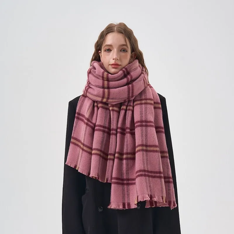 Pink Plaid Scarf Women's Winter Large Size Cashmere Shawl Atmosphere and Fashion Design Scarf