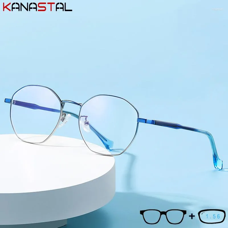 Solglasögon CR39 -linser Blue Light Blocking Läsglasögon Män Kvinnor Recept Optik Myopia Presbyopic Eyewear Metal glasögonram