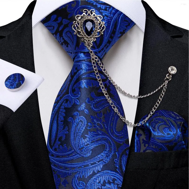 Bow Ties Royal Blue Men With Luxury Crystal Brooch Chain Wedding Party Accessories 8cm Necktie Handkerchief Cufflinks Gift For
