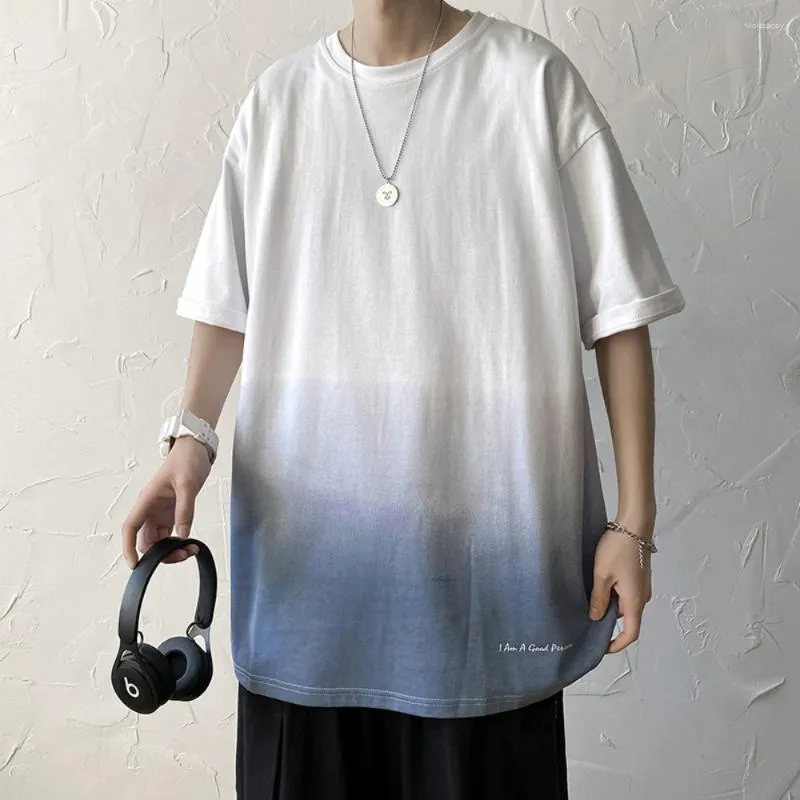 Camisetas masculinas cores gradientes verão de manga curta camiseta all-match camisa tendência coreana solta tshirt para homem