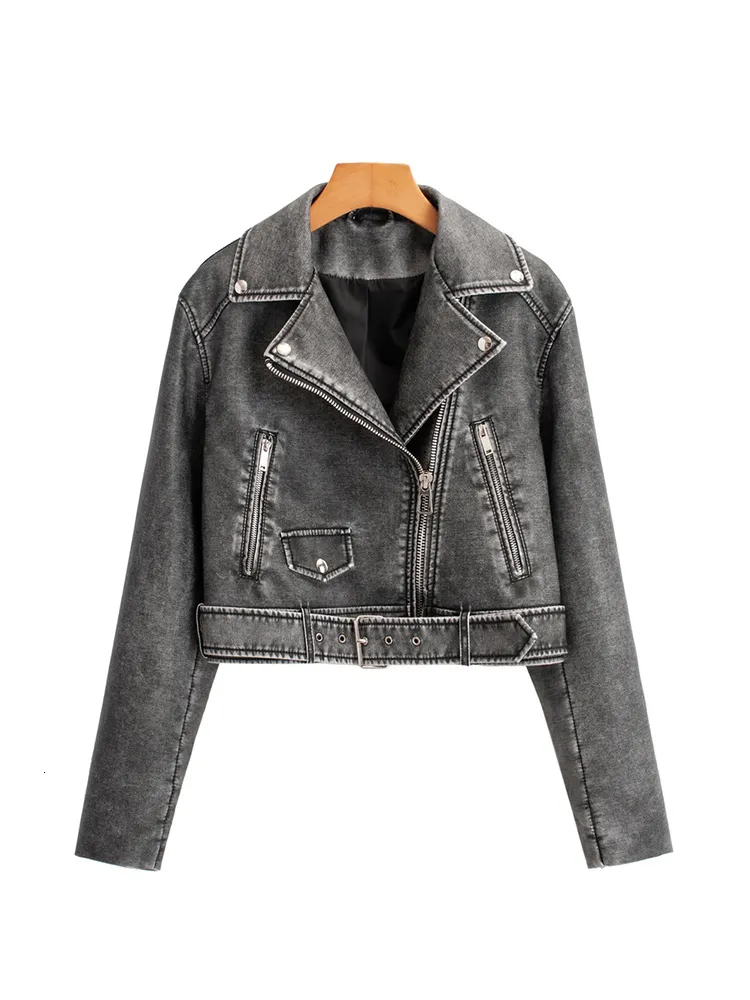 Femmes en cuir fausse fourrure femmes lâche Pu veste courte avec ceinture Streetwear femme Moto Biker fermeture éclair revers manteau vêtements d'extérieur leather jacket women 230923