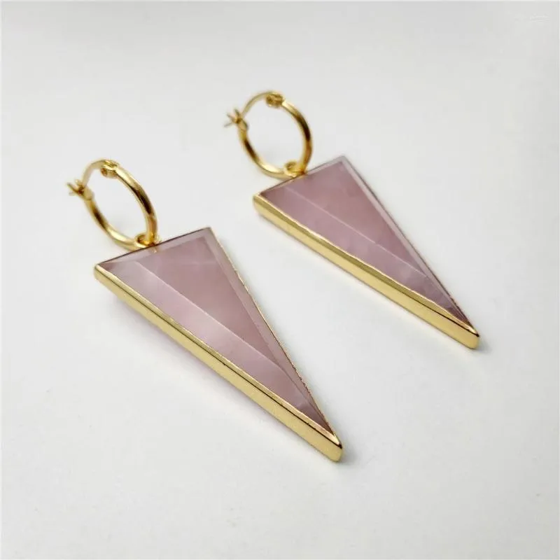 Boucles d'oreilles pendantes FUWO 1 pièces sculpté en forme de Triangle Rose Quartzs couleur or plaqué à la main naturel Rose cristal boucle d'oreille ER426