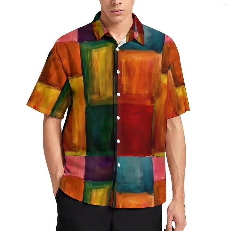 Men's Casual Shirts Painting Of Colorblock Loose Shirt Men Vacation Abstract Check Hawaii Short-Sleeved Fashion Oversized Blouses