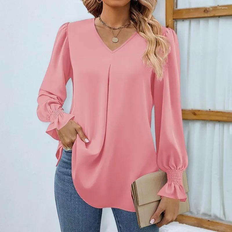 Blusas femininas 2023 bolha manga longa topos elegante casual decote em v túnica camisas cor sólida solta chiffon blusa de trabalho para senhora