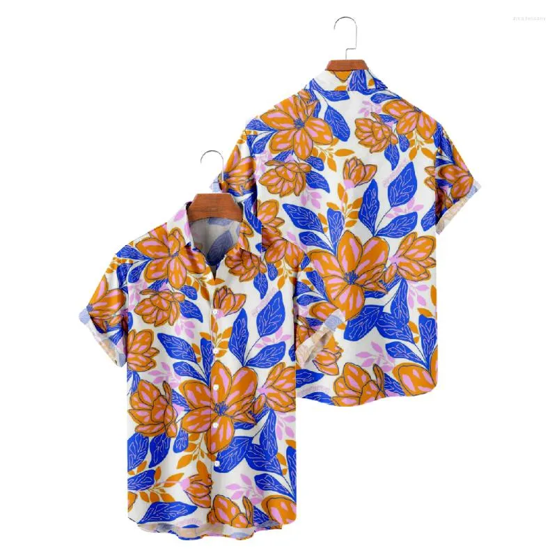 Casual herenoverhemden voor heren Bloemenprint Blauwe bladeren Korte mouw Zomer Strandvakantie Tops Ademend