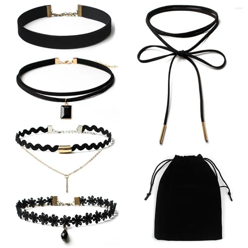 Kedjor 5pieces choker halsband set stretch sammet klassisk gotisk spetshalsband för kvinnor en bit rostfritt stål smycken