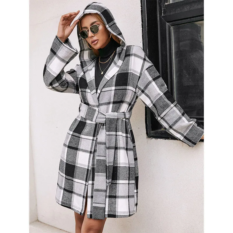 Women's Wool Blends Winter Womens Blends Casual Long Sleeve Cardigan With Belt Fashion Plaid Open Front Woolen Hooded Coat Pockets Streetwear Y2k 230923