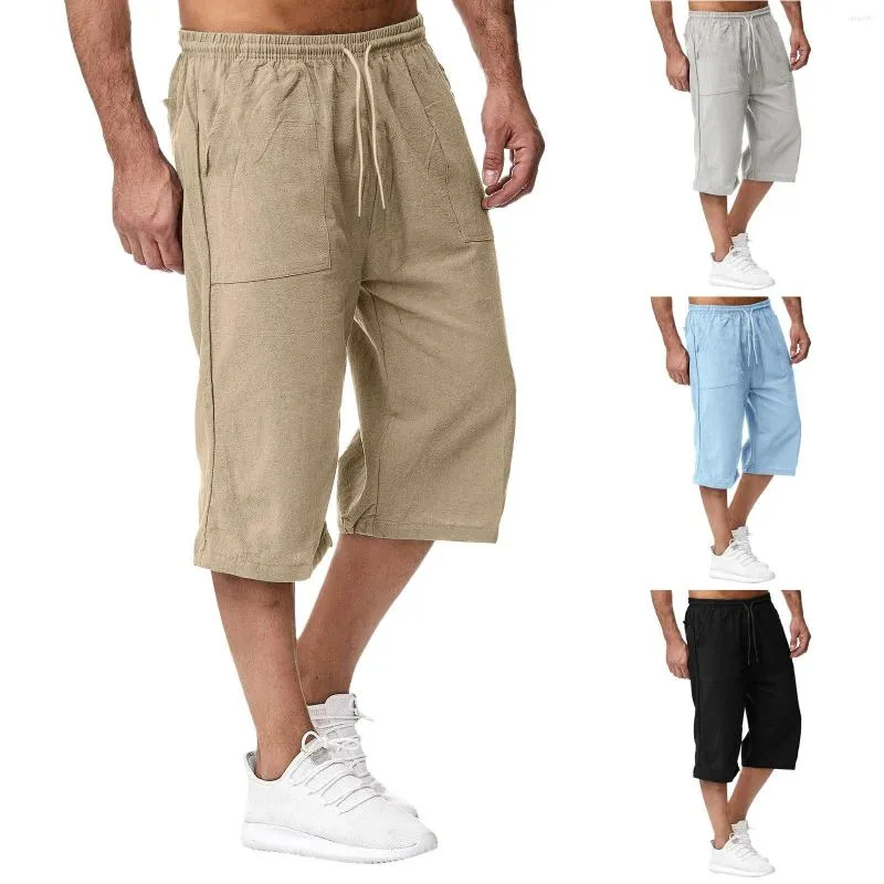 Calças masculinas de algodão primavera e verão calças de cor sólida sweatpants jogging solto casual praia férias capri