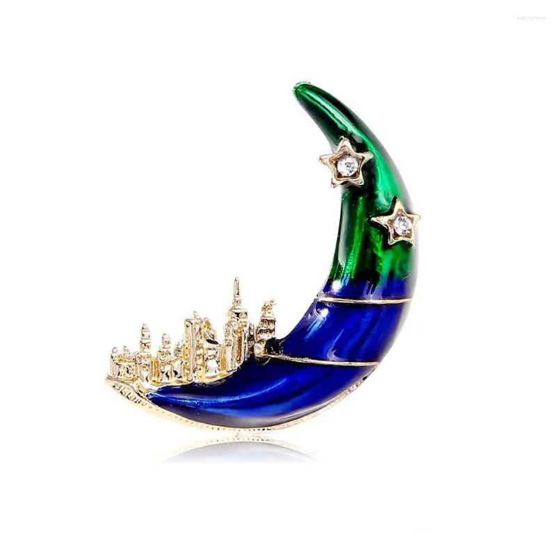 Broches Mode Émail Bleu Ciel Étoilé Lune Étoile Broche Badge Pin Élégant Château Vêtements Accessoires Bijoux De Fête Pour Les Femmes Cadeau